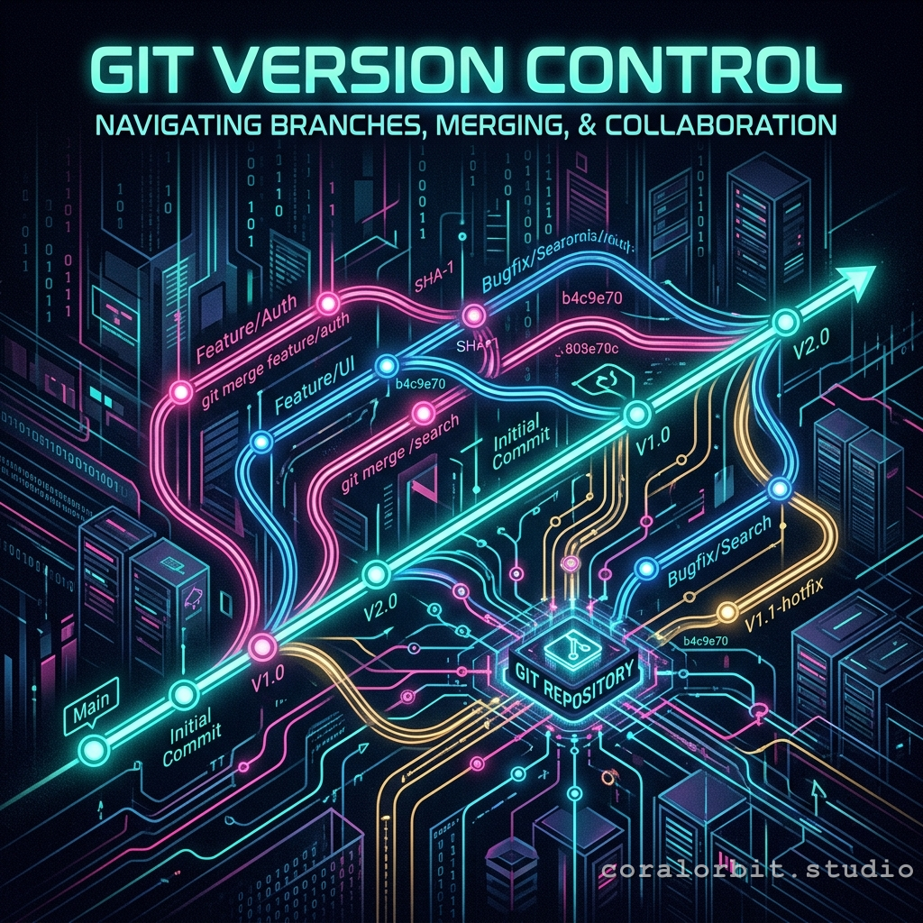 A futuristic, surreal conceptual illustration for a web development blog about Git version control.