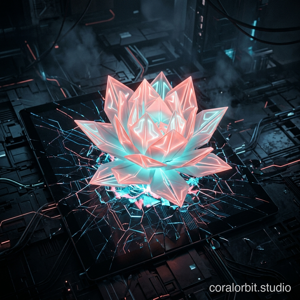 A glowing origami lotus flower blooming out of a cracked digital screen